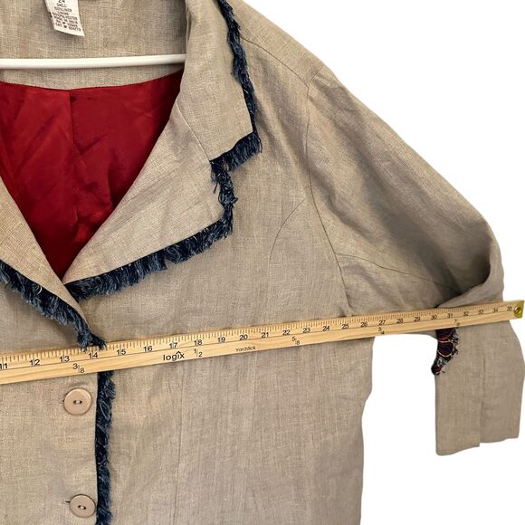 Silhouettes Beige 100% Linen Satin Lined Floral Embroidered 3 Button Blazer 24W - Picture 6 of 8